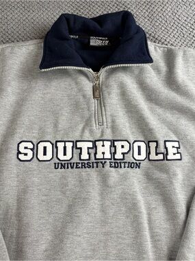 Southpole Men's Gray Quarter-Zip Sweatshirt with Navy Collar